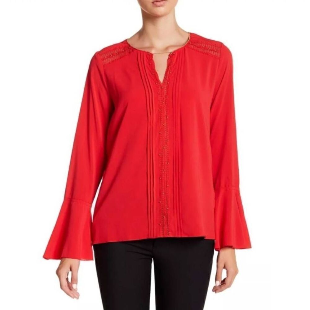 Tahari Red Beaded Bell Sleeves Blouse Top Size Medium
